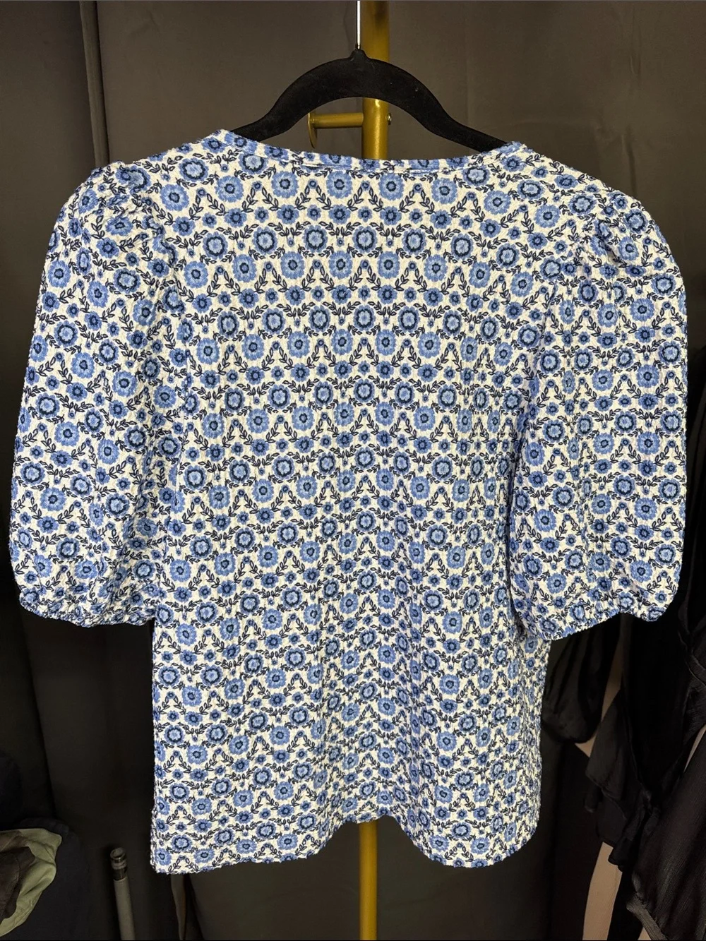 LOFT White and Blue Floral Tie-Neck Peasant Blouse